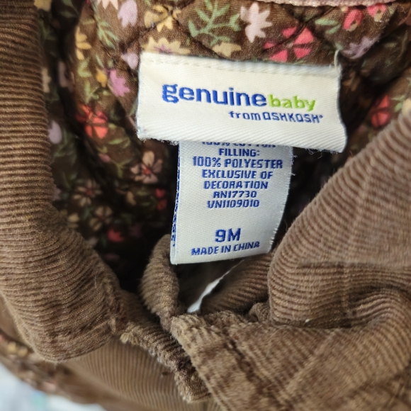 2/$15 OshKosh B'gosh 9 Months Brown Floral Corduroy Baby Jacket - Picture 3 of 3